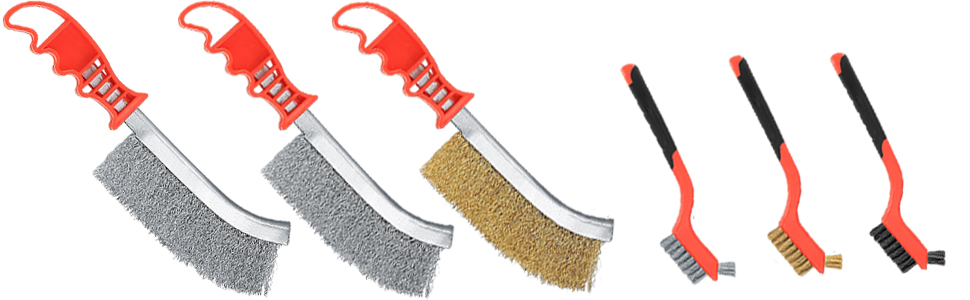 Set of cleaning brushes including three wide wire brushes with red handles and three smaller detail brushes with red and black handles.