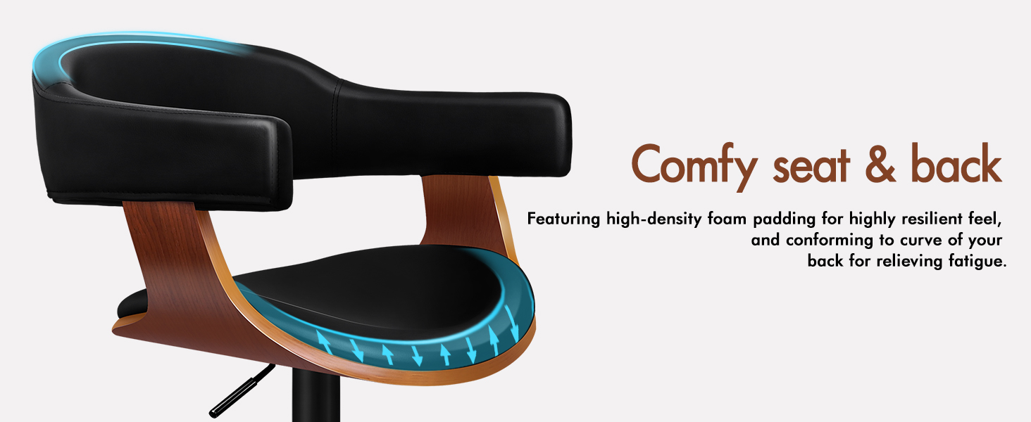 Text reads 'Comfy seat &amp; back'. Ergonomic chair seat detail showing black cushioned seat with blue comfort layer and wooden base mount.