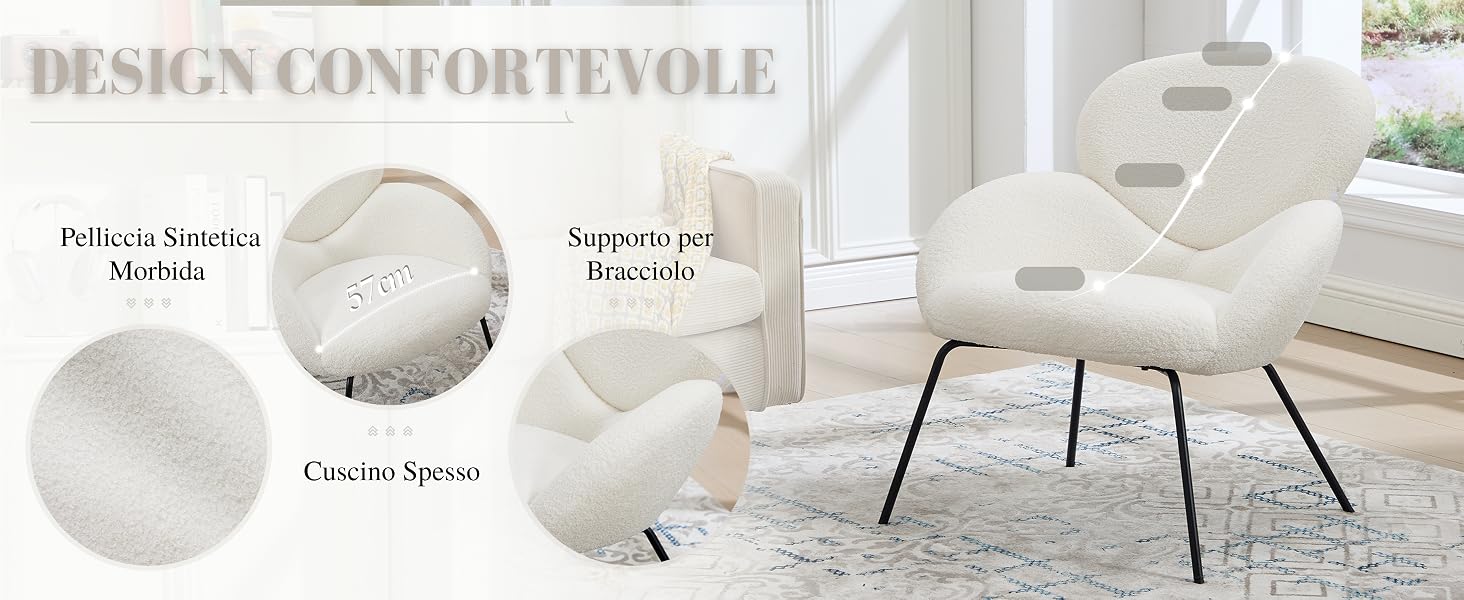 Il testo recita «DESIGN COMODO». Serie di scene interne minimaliste che mostrano sedie bianche in uno spazio leggero e contemporaneo.
