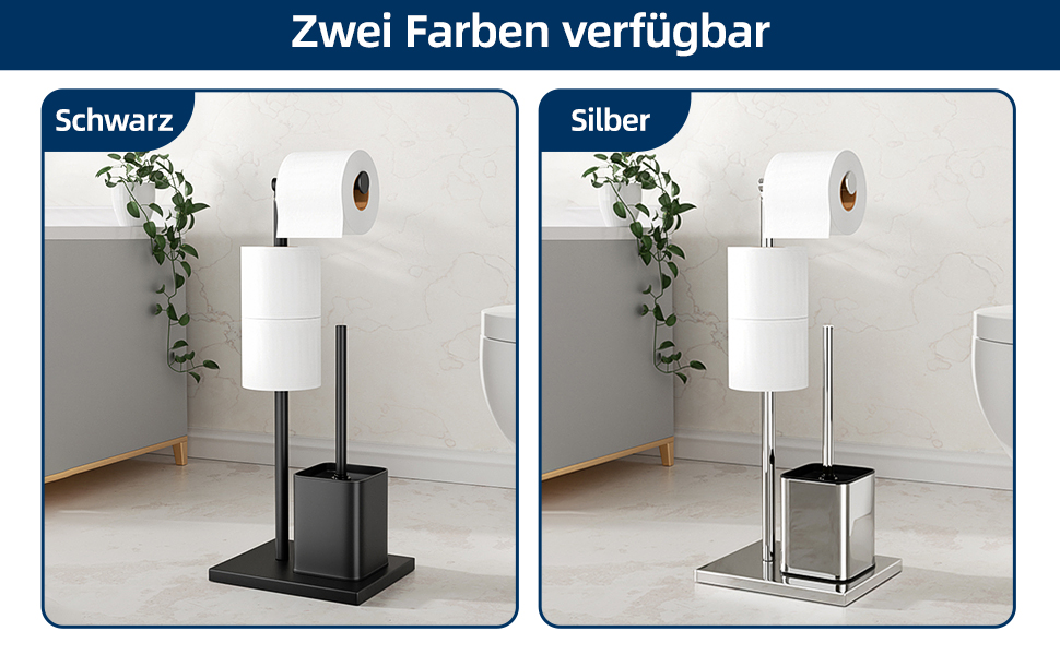 Erhältlich in zwei Farben: Schwarz und Silber. Jedes Set enthält einen hohen Ständer mit Toilettenpapierrollenhalter und befestigter Bürste.