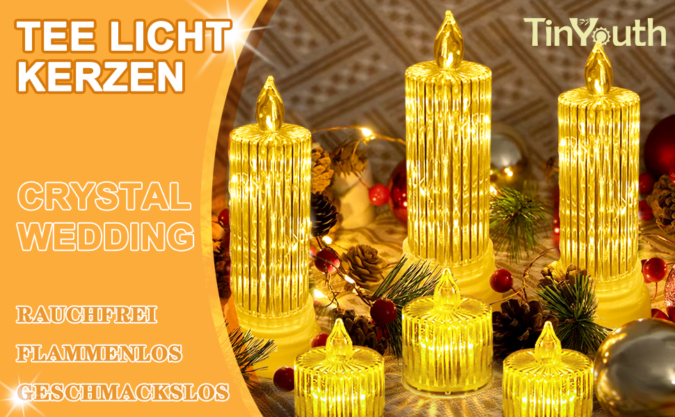 Der Text lautet „TEE LIGHT KERZEN CRYSTAL“. Mehrere beleuchtete LED-Kerzenhalter im Kristallstil, die mit warmem gelbem Licht vor dunklem Hintergrund leuchten.