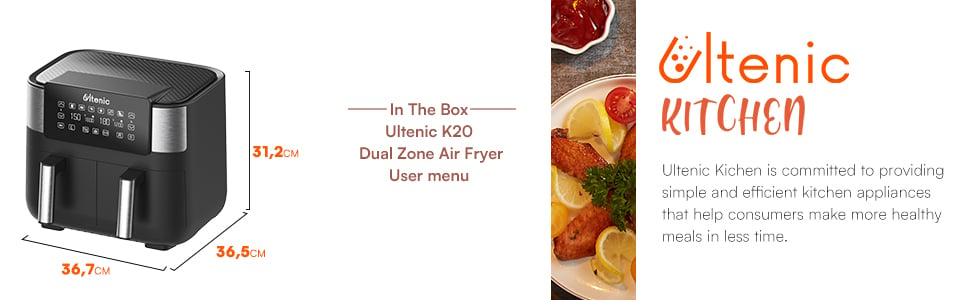 Ultenic K20 Dual Basket Air Fryer, 8L Capacity, Dual Independent Cooking  Zone, 100 Online Recipes, Digital Display 