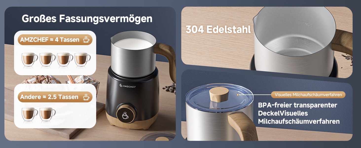 Der Text lautet „Großes Fassungsvermogen“. Das Produktdemonstrationsbild zeigt eine Kaffee- oder Getränkezubereitung mit Behältern und Messanzeigen.