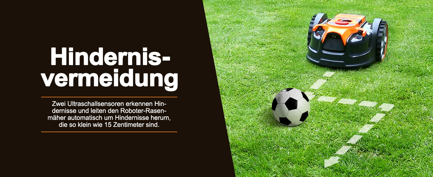 Rasenroboter, der auf grünem Gras um einen Fußball herum navigiert, mit sichtbarem deutschen Text zur Hindernisvermeidung