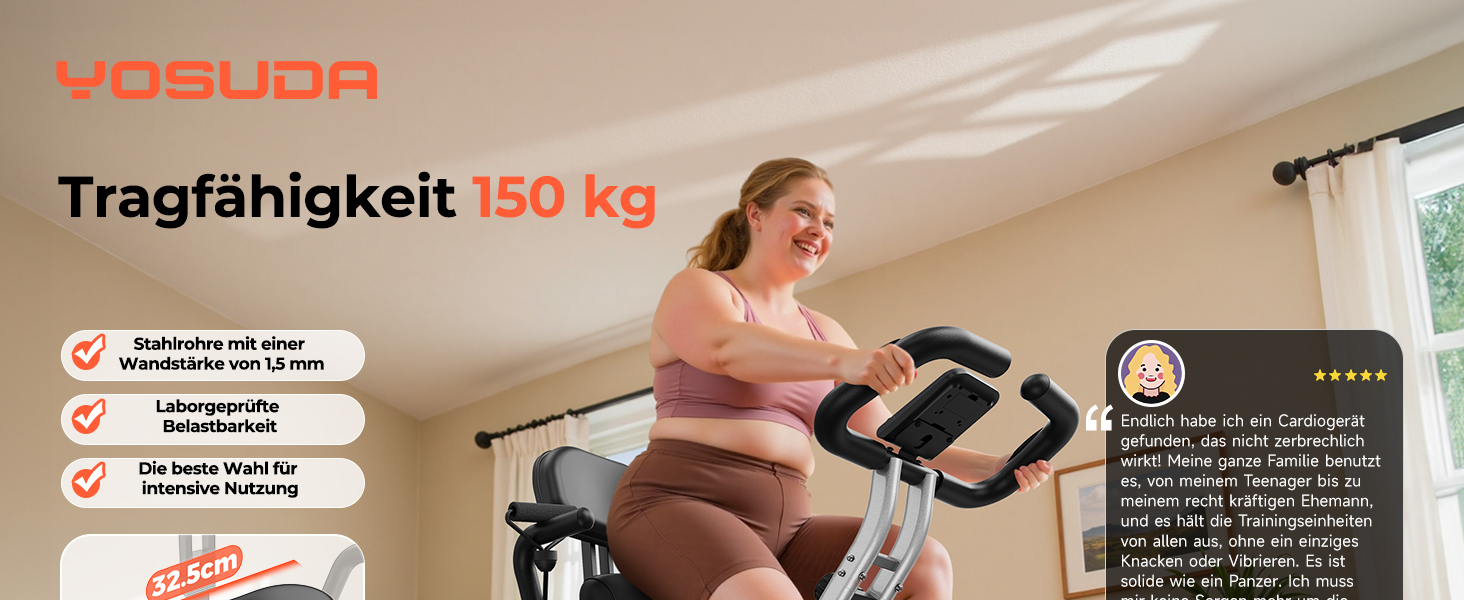 Der Text lautet „Tragfähigkeit 150 kg“. Mehrere Bilder zeigen die Verwendung von scheinbar Sport- oder Fitnessgeräten mit technischen Spezifikationen.