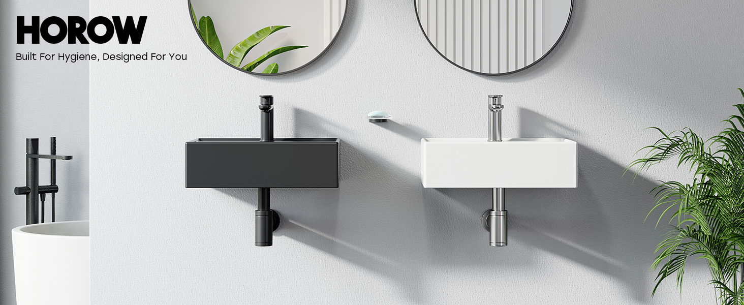 Text reads 'HOROW' - Minimalist white and gray modern kitchen or bathroom fixtures against light background with plant decoration.