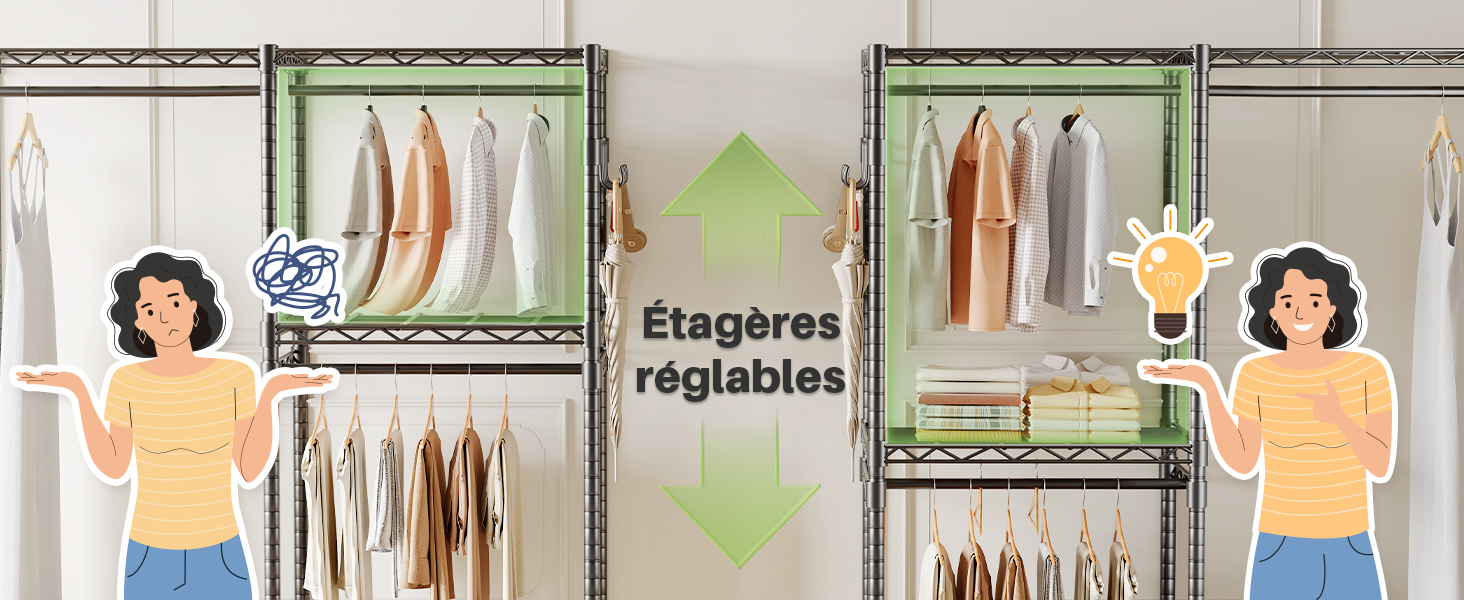 Texte : « Étagères réglables » montrant plusieurs panneaux d'étagères en fil métallique avec des vêtements et des flèches directionnelles vertes indiquant les caractéristiques ajustables.