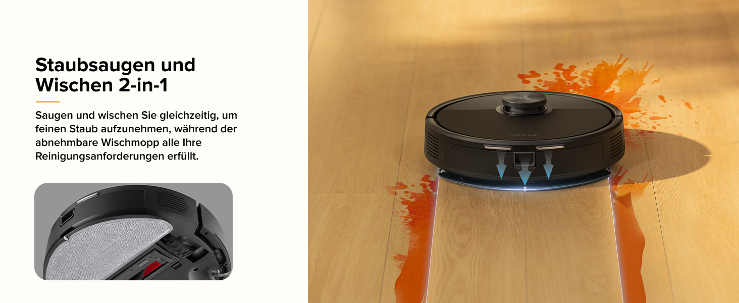Roboterstaubsauger auf Holzboden zum Reinigen von verschütteter orangefarbener Flüssigkeit. Das nebenstehende Bild zeigt eine Nahaufnahme der Unterseite des Geräts