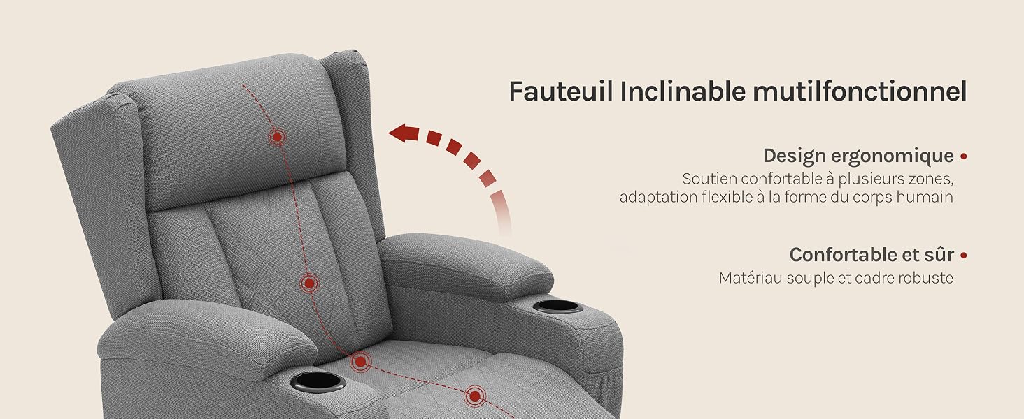 Le texte indique « Fauteuil inclinable multifonctionnel » avec des descriptions des fonctionnalités en français. Fauteuil inclinable gris avec surpiqûres rouges et flèches indicatrices de confort pointant vers des zones spécifiques.