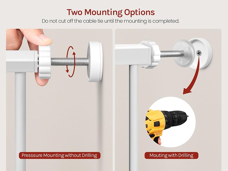 Text reads 'Two Mounting Options'. Diagram showing installation methods for white safety gate mounting hardware, with arrows indicating rotation directions.