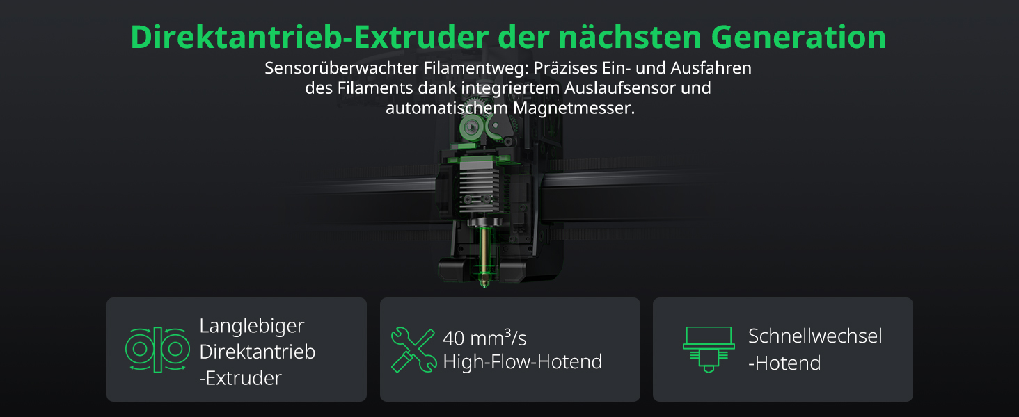 Der Text lautet „Direktantrieb-Extruder der nächsten Generation“. Banner mit dunklem Design für technische Produkte mit drei kreisförmigen Symbolen, die technische Spezifikationen anzeigen.