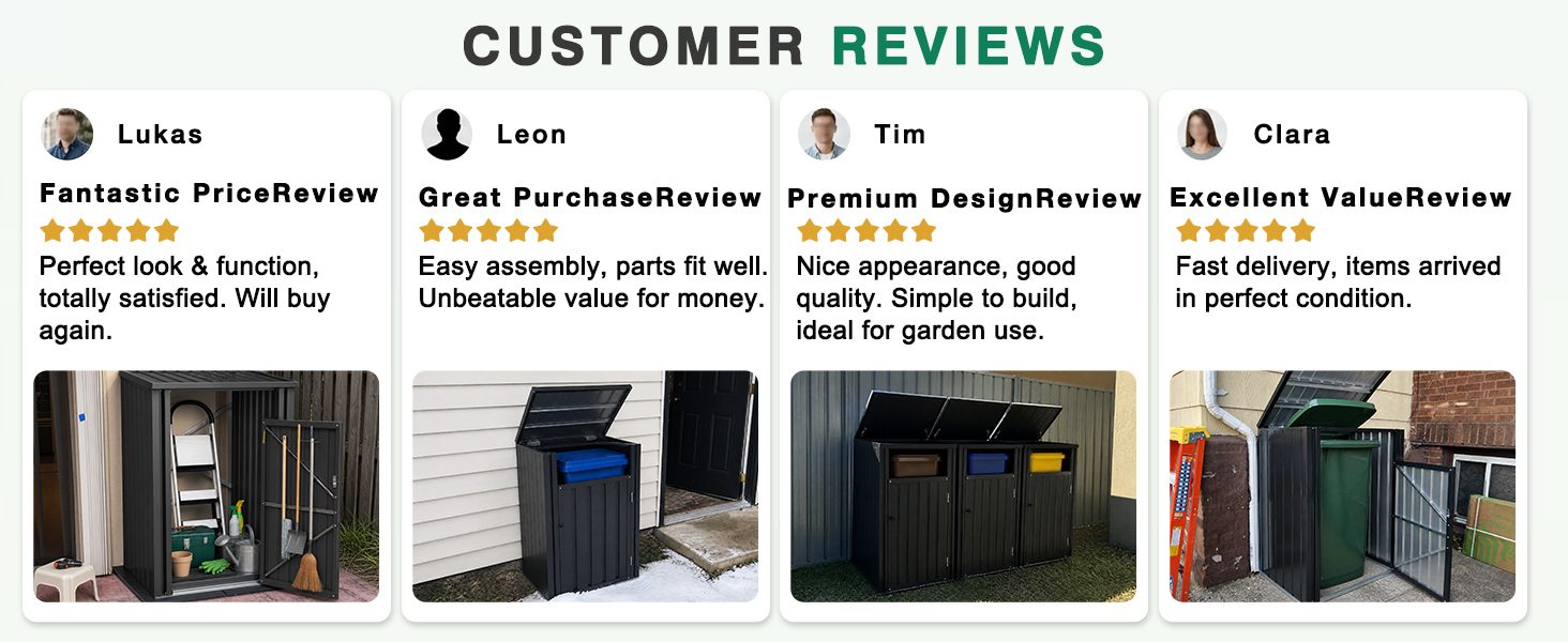 Text reads "CUSTOMER REVIEWS" with reviewer names Lukas, Leon, Tim, and Clara displaying star ratings. Images show black outdoor storage boxes/containers in various settings with positive feedback about functionality and durability.