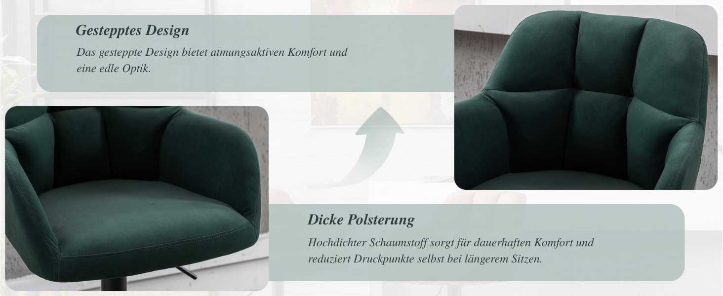 Dunkelgrüner gepolsterter Sessel mit geschwungenem Design. Verfügt über eine dicke Polsterung und eine drehbare Basis. Mehrere Ansichten zeigen eine getuftete Rückenlehne und abgerundete Armlehnen