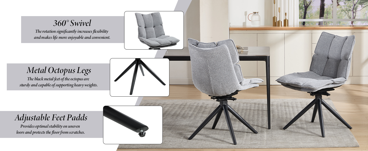 Text reads '360° Swivel', 'Metal Octopus Legs'. Multiple views of gray office chair showing swivel base and leg construction details.