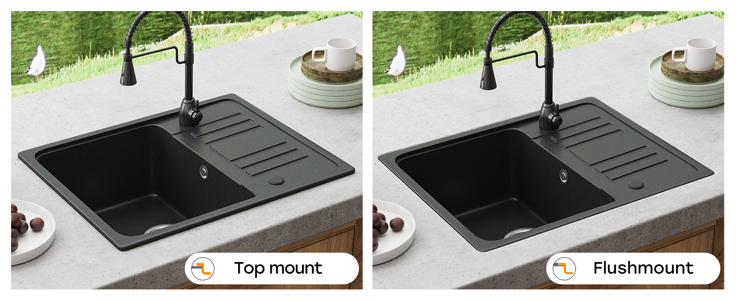 Two kitchen sinks side-by-side, both black with integrated drainboards.
[SENTENCE 10] Left sink labeled 'Top mount', right sink labeled 'Flushmount'.
[SENTENCE 11] Faucets and countertop visible.
