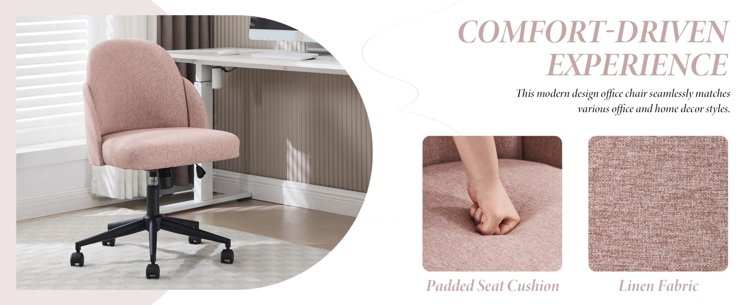 Text reads 'COMFORT-DRIVEN EXPERIENCE'. Series of images showing pink office chair with plush cushioning and ergonomic design in a modern office setting.
