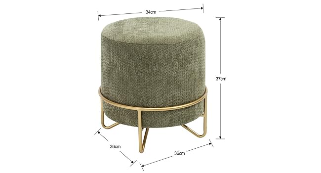 Schéma technique et photos du produit d'un pouf ou pouf rond vert olive avec base en métal doré, indiquant les dimensions et les angles multiples.