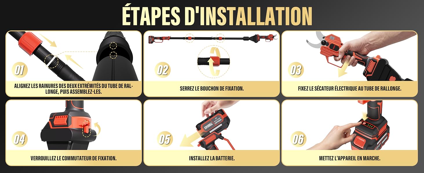 Le texte se lit comme suit : « ÉTAPES D'INSTALLATION ». Schéma d'instructions montrant les différentes étapes d'installation ou d'assemblage d'un outil électrique ou d'un appareil similaire, avec des panneaux numérotés indiquant les différentes positions et configurations.