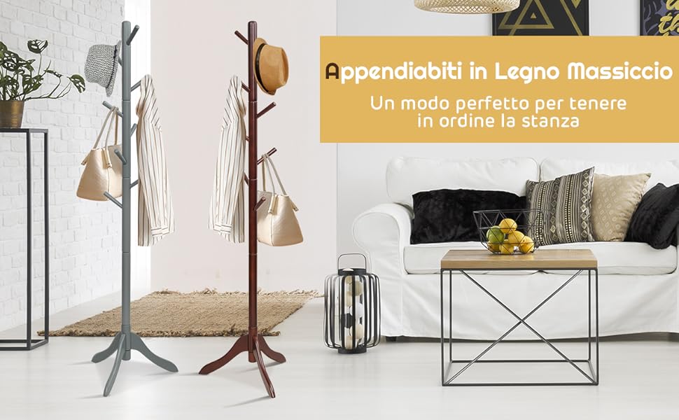 COSTWAY Attaccapanni in Legno, Attaccapanni da Terra con Ganci