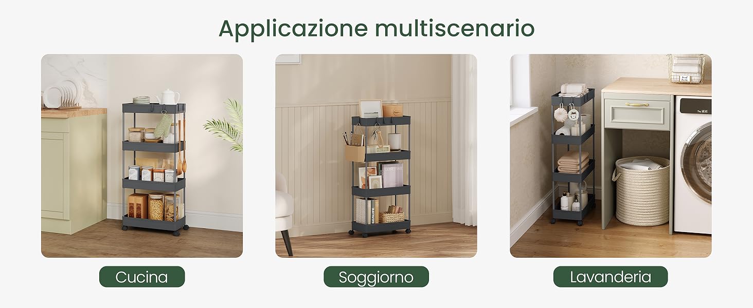 Tre viste di uno scaffale in metallo nero mostrato in diverse ambientazioni: cucina, bagno e lavanderia. Le etichette di testo in italiano indicano «Applicazione multiscenario»