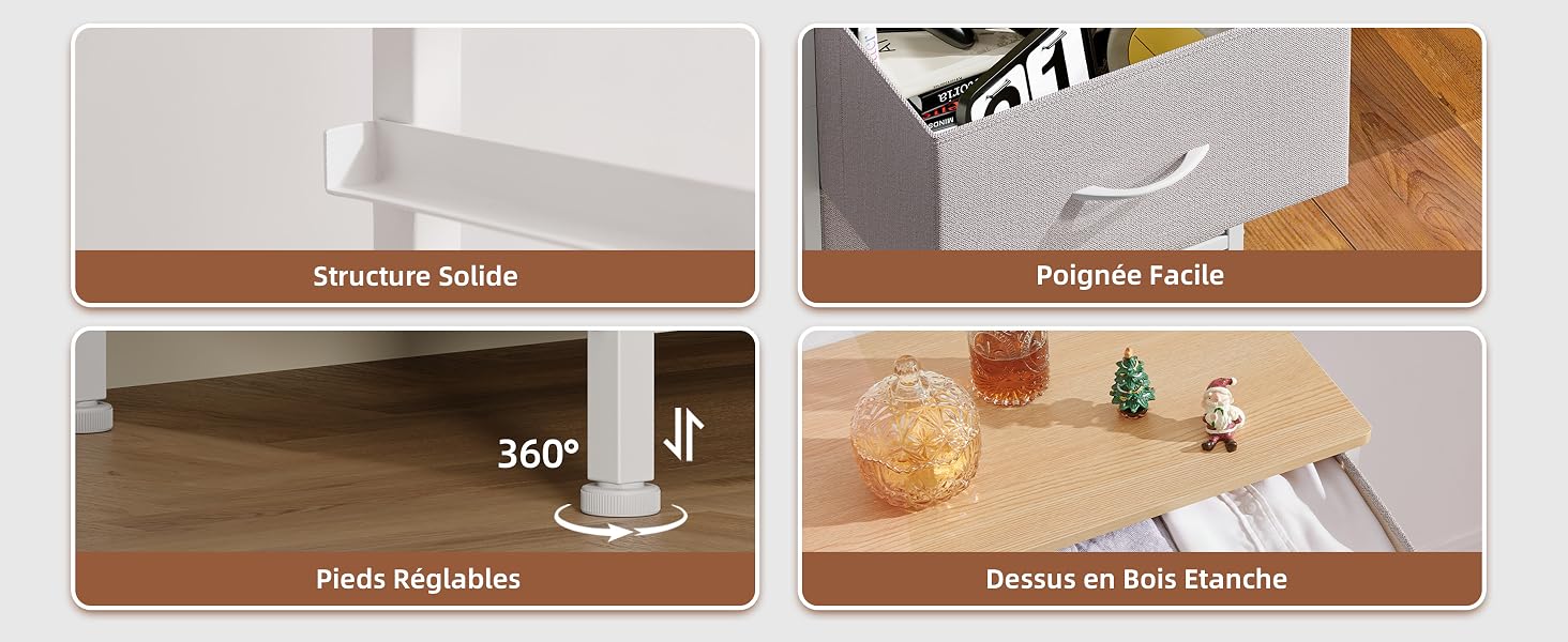 Grille des caractéristiques du produit montrant la capacité de rotation à « 360° » avec plusieurs panneaux illustrant les différents aspects fonctionnels d'un meuble.