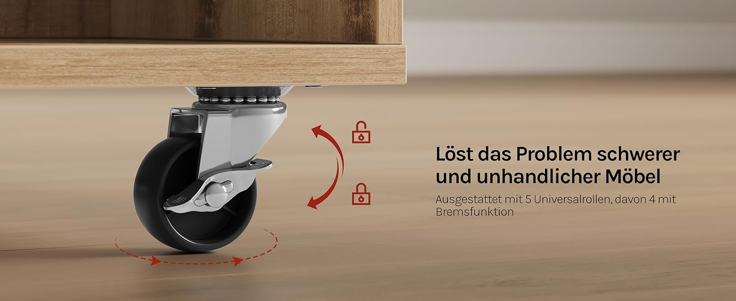 Der Text lautet „Löst das Problem schwerer und unhandlicher Möbel“. Schwarzes Lenkrad mit Halterung, die am Möbelbein aus Holz befestigt ist und eine einfache Mobilitätslösung darstellt.