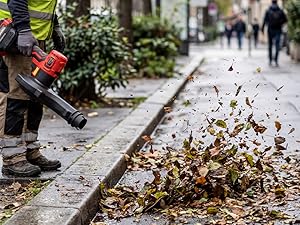 Souffleur à feuilles commercial utilisé sur les trottoirs urbains, pulvérisant les feuilles tombées en automne. Travailleur portant un équipement de protection faisant fonctionner un équipement avec des buissons et des piétons visibles en arrière-plan.