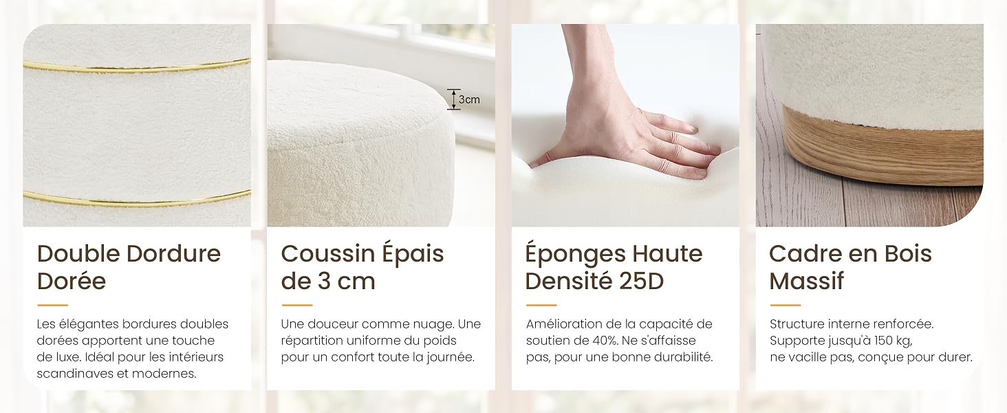 Le texte se lit comme suit : « Double Decours Sheets », « Crusesh Fade », « Everyday Hoodie Sweater Set », « Custem and Bois ». Quatre vignettes de catégories de produits présentant différents articles de literie et d'habillement dans des tons neutres.