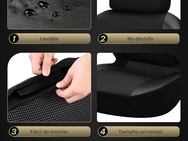 Imagen de cuatro paneles que muestra las características de la funda negra para asientos de automóvil: superficie resistente al agua, respaldo antideslizante, fácil instalación y tamaño universal. Los paneles muestran las gotas de agua, la textura de la cubierta y el proceso