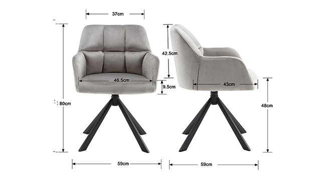 Gray upholstered armchair with tufted back and seat cushion. Black metal swivel base. Diagram shows dimensions: 37cm width, 42.5cm depth, 80cm height, 46cm seat height.