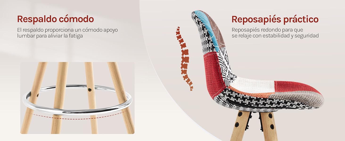 Imagen dividida de una silla. Izquierda: patas de madera con reposapiés de metal. Derecha: asiento de tela de retazos de colores con respaldo curvo, que muestra un diseño ergonómico y