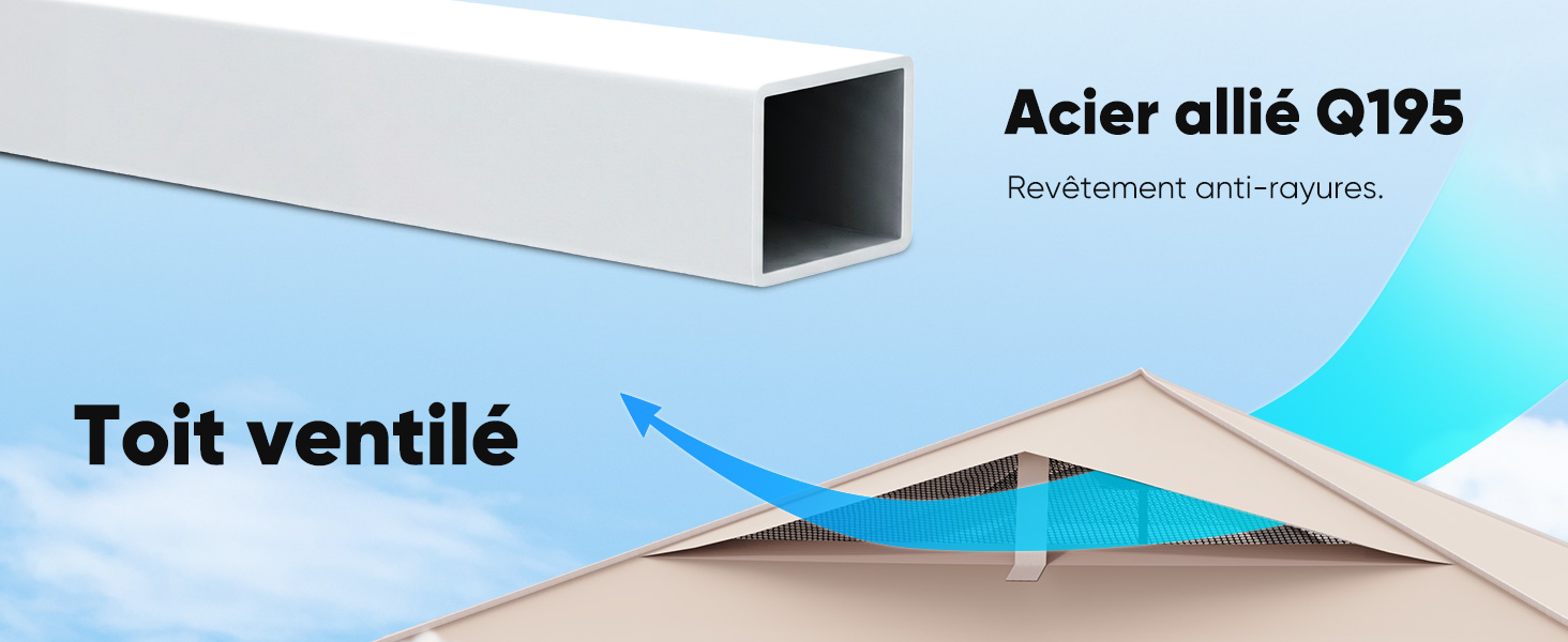 Le texte indique « Acier allié Q195 » et « Toit ventilé ». Schéma technique ou illustration architecturale montrant les composants structuraux sur fond bleu.