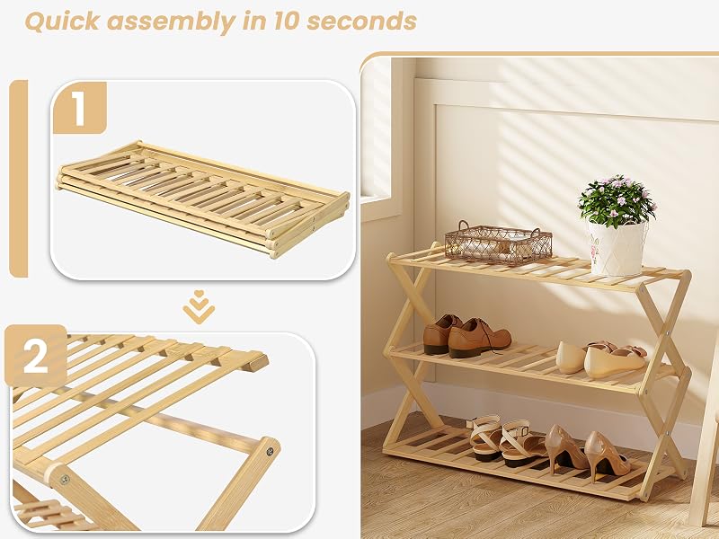 Assembly instructions for wooden shoe rack. Shows unassembled parts and finished three-tier rack with shoes and plant.