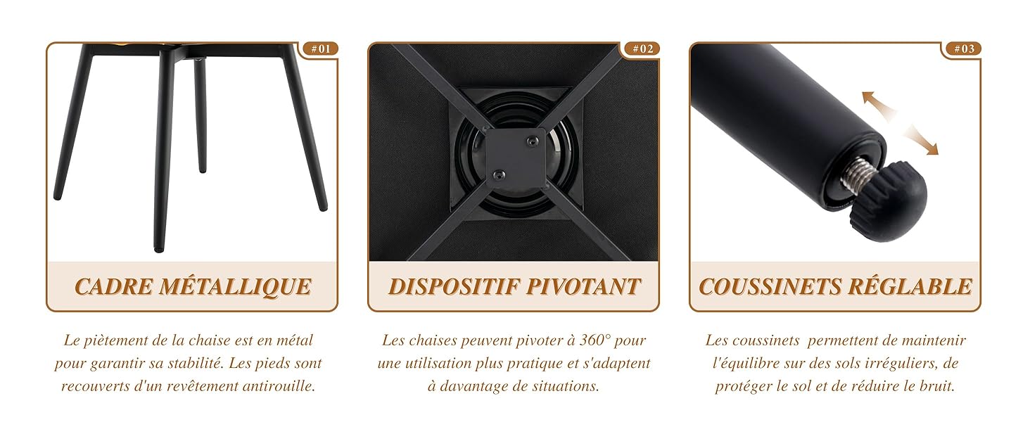 Le texte indique « CADRE METALLIQUE », « DEPOSITE FONDANT », « COUSSINETS REGLABLES ». Trois illustrations techniques de produits avec des descriptions textuelles en français.