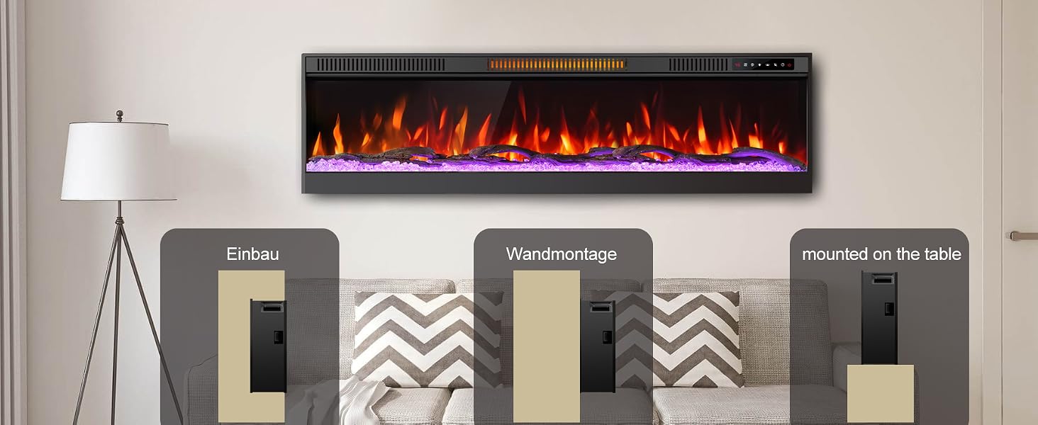 Moderner elektrischer Kamineinsatz mit mehrfarbigen Flammeneffekten, dargestellt mit drei verschiedenen Rahmenstiloptionen, die unten dargestellt sind.