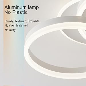 Modern circular aluminum ceiling lamp with clean lines and minimal design. Text indicates no plastic construction and sturdy build.