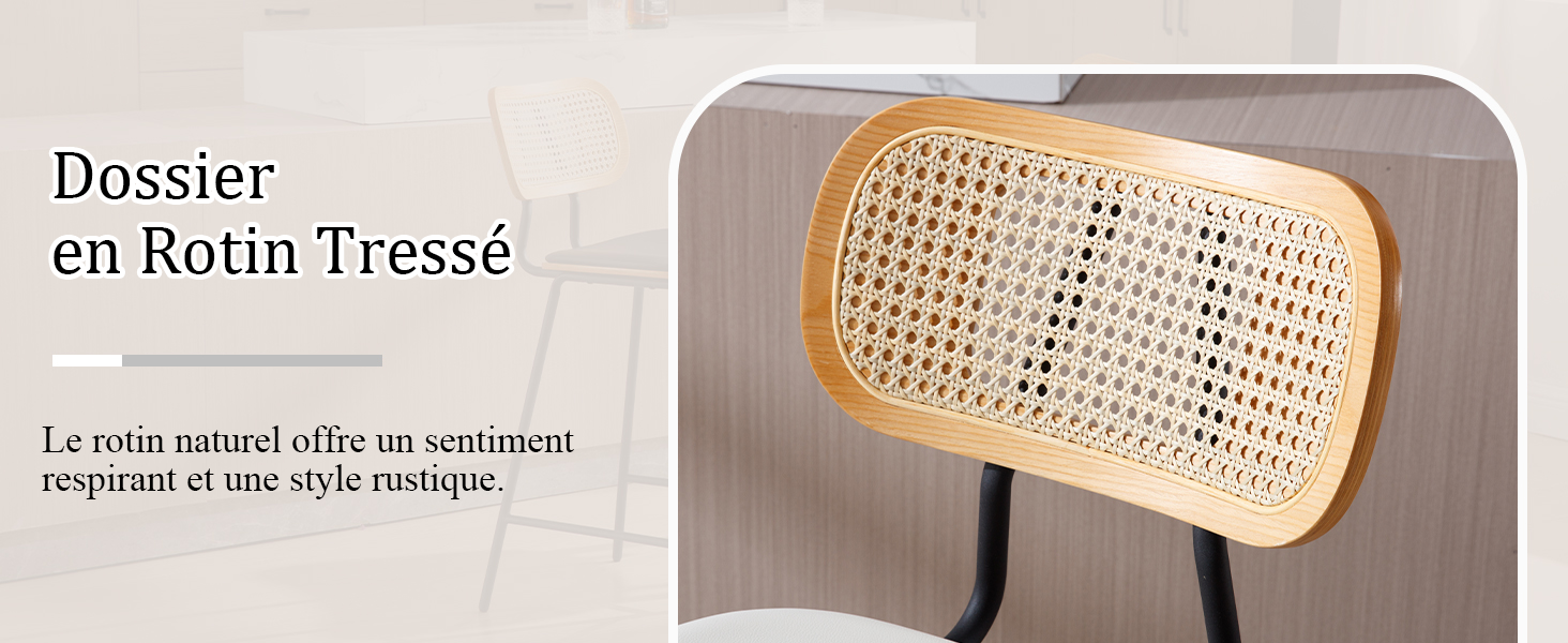 Dossier de chaise en bois avec cannage en rotin tress�. Le texte se lit comme suit : � Dossier en Rotin Tress� � et � Le rotin naturel offre un sentiment respirant et une style rustique
