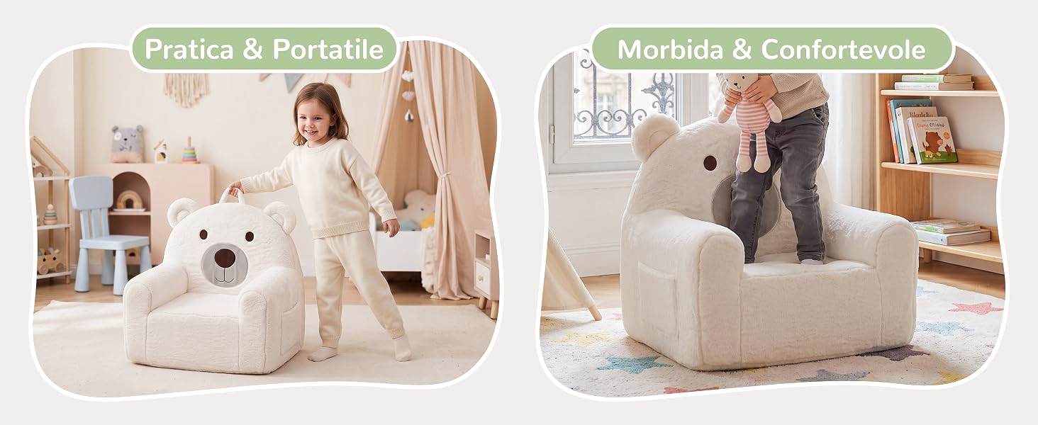 Il testo recita 'Pratici &amp; Pratici' e 'Accessori &amp; Contenitori'. Due scene domestiche interne che mostrano mobili imbottiti beige e cestini portaoggetti negli spazi abitativi.