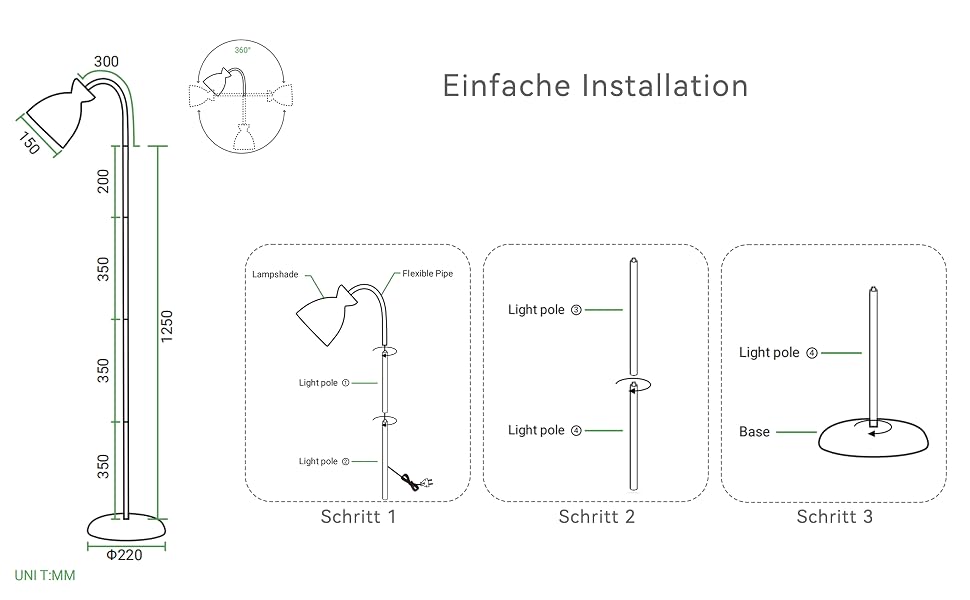 Schematische Darstellung des dreistufigen Installationsvorgangs für eine Stehleuchte, einschließlich Abmessungen und Aufteilung der Komponenten