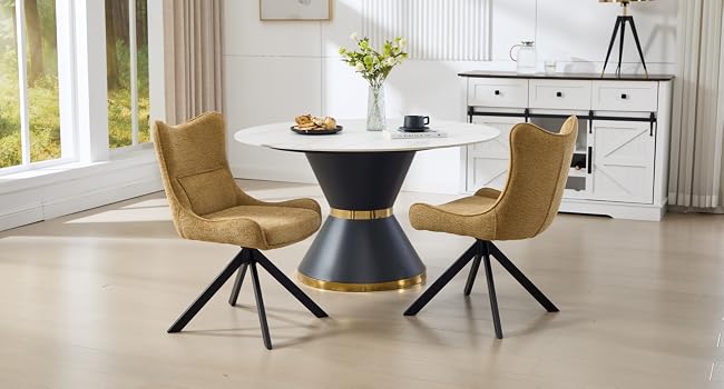 Modern dining room interior featuring round white dining tables with tan upholstered chairs, set against bright windows in a minimalist space.