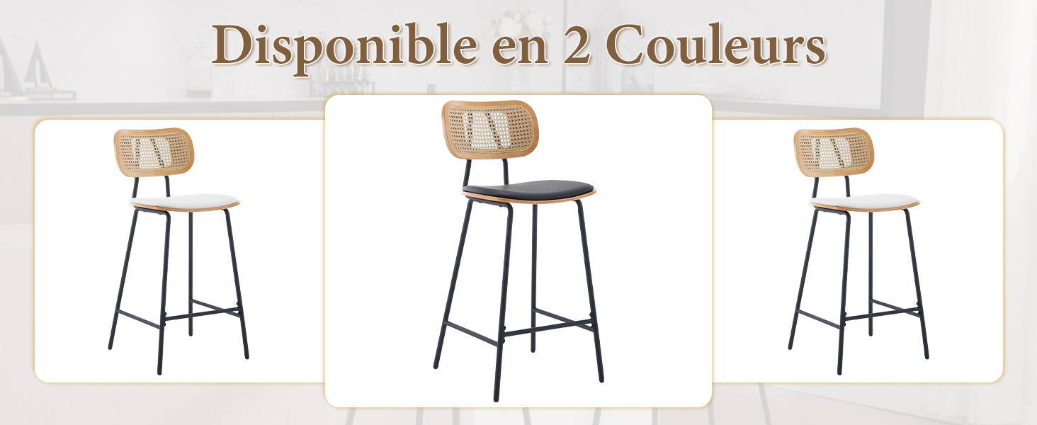 Trois tabourets de bar modernes avec sièges et dossiers en bois, soutenus par des cadres en métal noir. Disponible en deux couleurs, comme indiqué dans le texte ci-dessus.