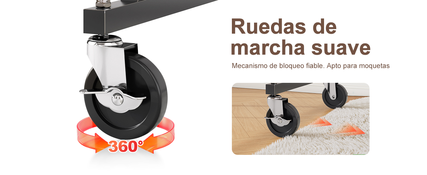 Le texte indique « Ruedas de marcha suave ». Démonstration d'une roulette rotative à 360 degrés avec indicateur directionnel orange.