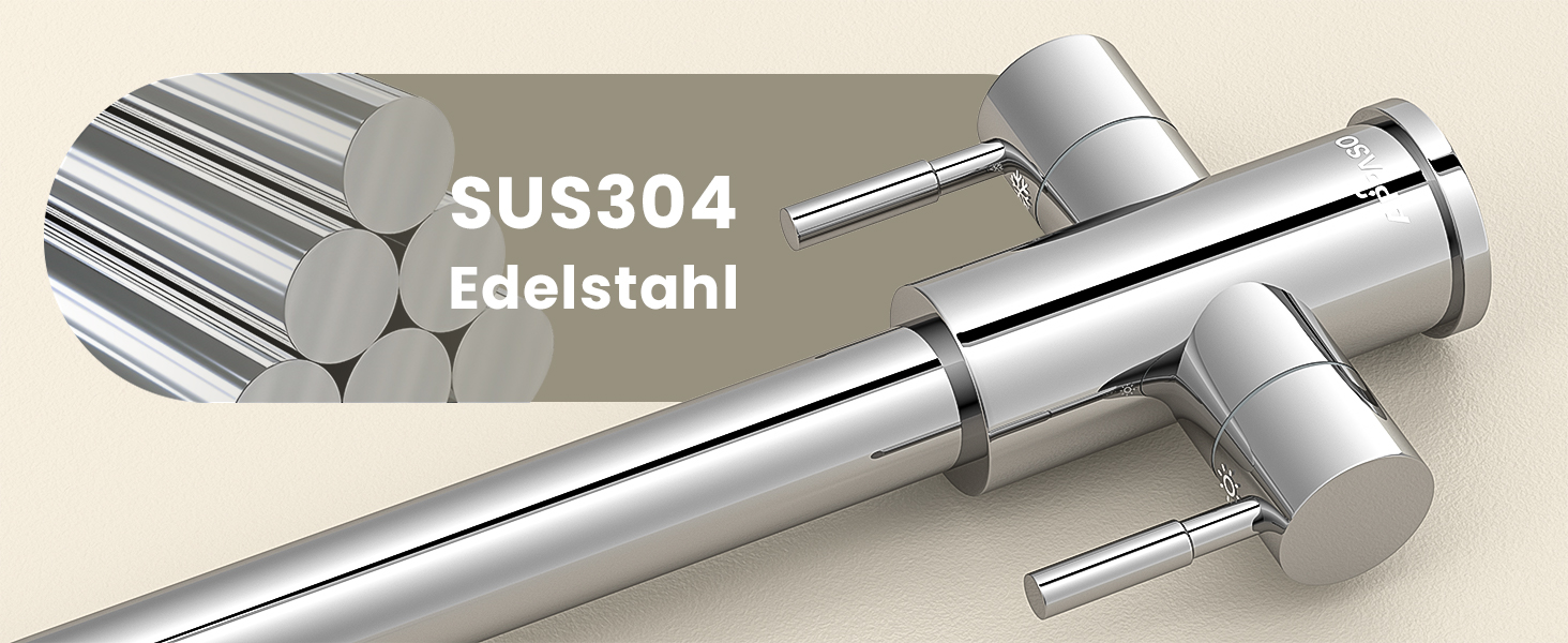 Text reads 'SUS304'. Multiple stainless steel components or tools shown in a linear arrangement on a light background, appearing to be product demonstration images.