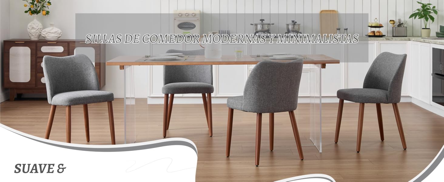 Ambiente de comedor moderno con varias sillas tapizadas en gris dispuestas alrededor de mesas de madera, que se muestran en un espacio luminoso y bien iluminado con plantas de interior.