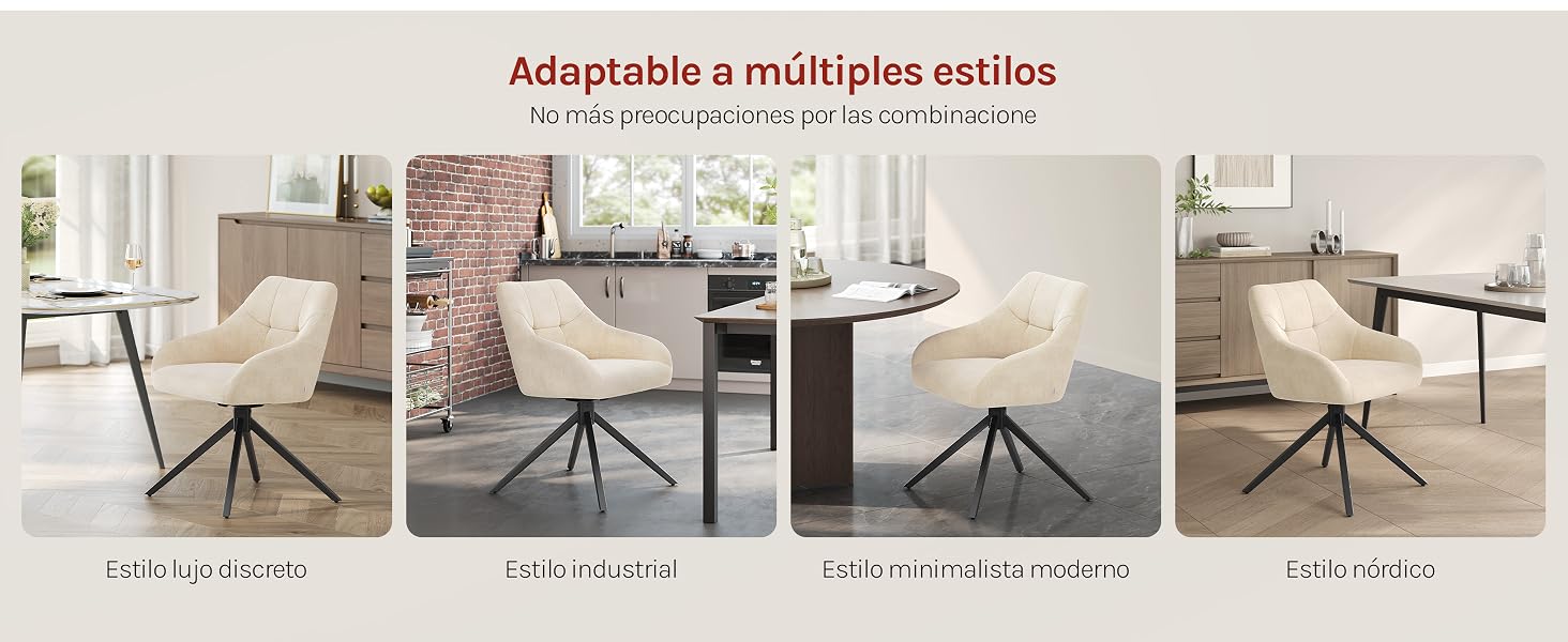 El texto dice «Adaptable à multiples estilos» y muestra cuatro variantes de sillas de oficina. Asientos de oficina modernos con diseños ergonómicos ajustables con diferentes opciones de base y configuraciones de respaldo.