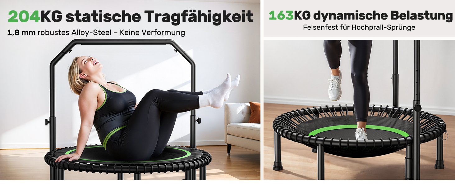 Der Text lautet '250KG statische Tragfähigkeit'. Geteiltes Bild, das das Trainingsrebounder-Trampolin im Einsatz zeigt. Es zeigt die statische Tragfähigkeit und Stabilität.
