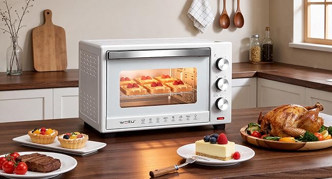 Plusieurs vues d'un four grille-pain de comptoir blanc en cours d'utilisation, montrant divers aliments préparés, y compris des produits de boulangerie et des plats dans des assiettes.