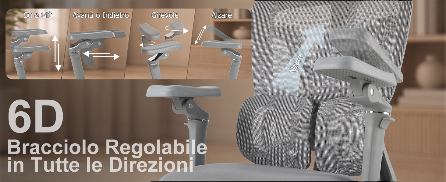 Il testo recita «6D» e «Rinocchio Regolabile in Tutte le Direzioni!». La parte superiore mostra sei diversi stili di ciglia in scomparti. La parte inferiore mostra il prodotto confezionato con illustrazione del design a ciglia 6D in confezione grigia.