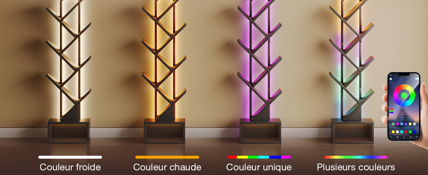 Le texte se lit comme suit : « Couleur froide, Couleur chaude, Couleur unique, Plusieurs couleurs ». Série de luminaires géométriques illuminés présentant différentes options de température de couleur.