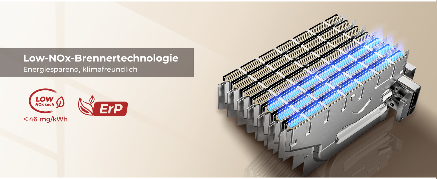Der Text lautet „Low-NOX-Brennertechnologie“. Technische Abbildung, die blau beleuchtete Heizelemente oder Brenner zeigt, die parallel zu den technischen Spezifikationen angeordnet sind.